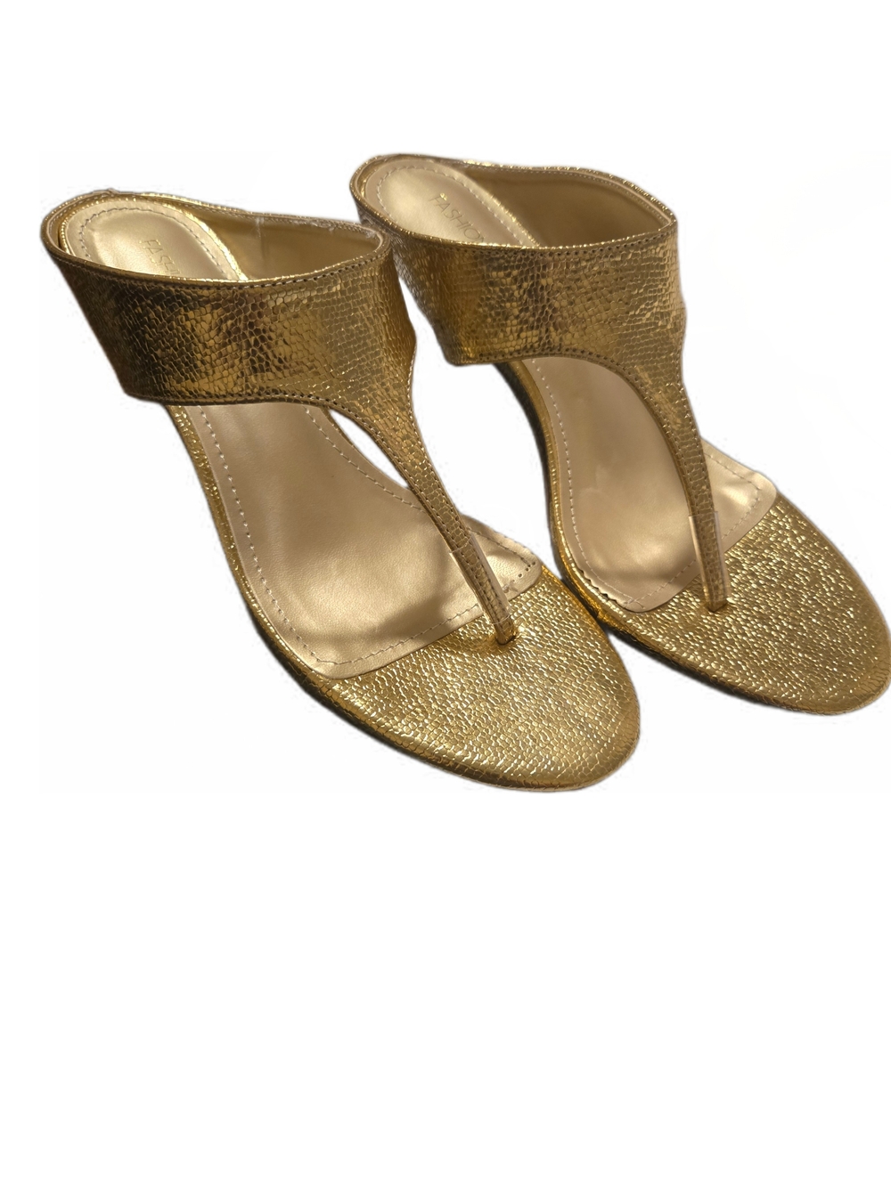Fashion Nova Gold Metallic Thong Mule Heels
